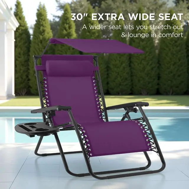 Alt view image 3 of 7 - 30 Wide Folding Zero Gravity Outdoor Recliner Patio Lounge Chair w/Adjustable Canopy Shade, Headrest, Side Accessory Tray - Amethyst Purple