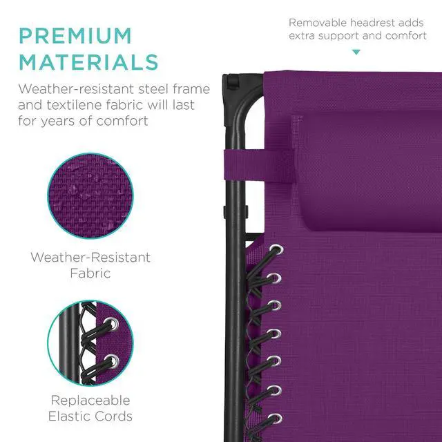 Alt view image 7 of 7 - 30 Wide Folding Zero Gravity Outdoor Recliner Patio Lounge Chair w/Adjustable Canopy Shade, Headrest, Side Accessory Tray - Amethyst Purple
