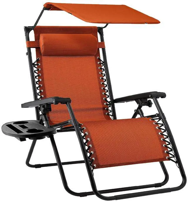 Main image of Folding Zero Gravity Outdoor Recliner Patio Lounge Chair w/Adjustable Canopy Shade, Headrest, Side Accessory Tray, Textilene Mesh - Burnt Orange