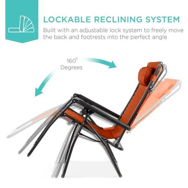 Alt view image 4 of 7 - Folding Zero Gravity Outdoor Recliner Patio Lounge Chair w/Adjustable Canopy Shade, Headrest, Side Accessory Tray, Textilene Mesh - Burnt Orange