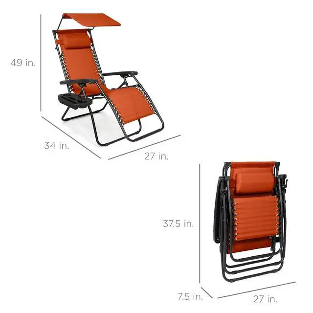 Alt view image 3 of 7 - Folding Zero Gravity Outdoor Recliner Patio Lounge Chair w/Adjustable Canopy Shade, Headrest, Side Accessory Tray, Textilene Mesh - Burnt Orange