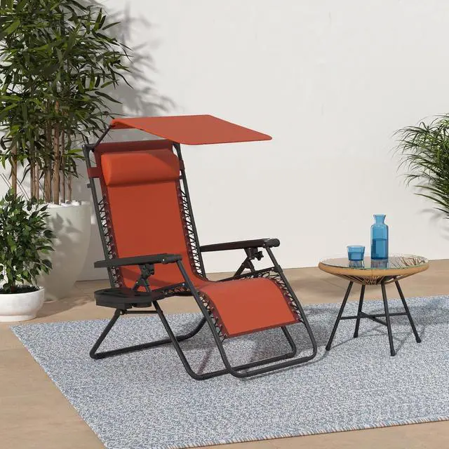 Alt view image 2 of 7 - Folding Zero Gravity Outdoor Recliner Patio Lounge Chair w/Adjustable Canopy Shade, Headrest, Side Accessory Tray, Textilene Mesh - Burnt Orange