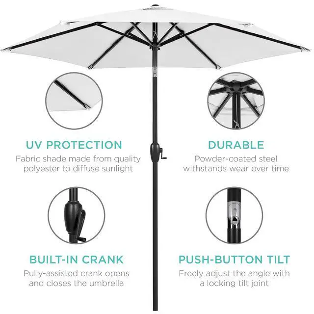 Alt view image 5 of 7 - 7.5ft Heavy-Duty Round Outdoor Market Table Patio Umbrella w/Steel Pole, Push Button Tilt, Easy Crank Lift - White