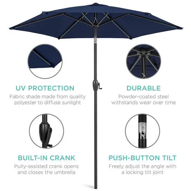 Alt view image 5 of 7 - 7.5ft Heavy-Duty Round Outdoor Market Table Patio Umbrella w/Steel Pole, Push Button Tilt, Easy Crank Lift - Navy Blue