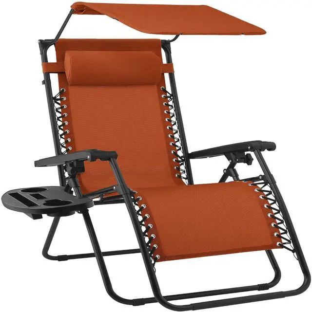 Main image of 30 Wide Folding Zero Gravity Outdoor Recliner Patio Lounge Chair w/Adjustable Canopy Shade, Headrest, Side Accessory Tray - Burnt Orange