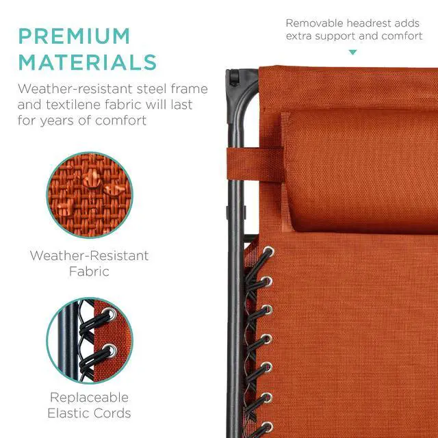 Alt view image 6 of 7 - Folding Zero Gravity Outdoor Recliner Patio Lounge Chair w/Adjustable Canopy Shade, Headrest, Side Accessory Tray, Textilene Mesh - Burnt Orange