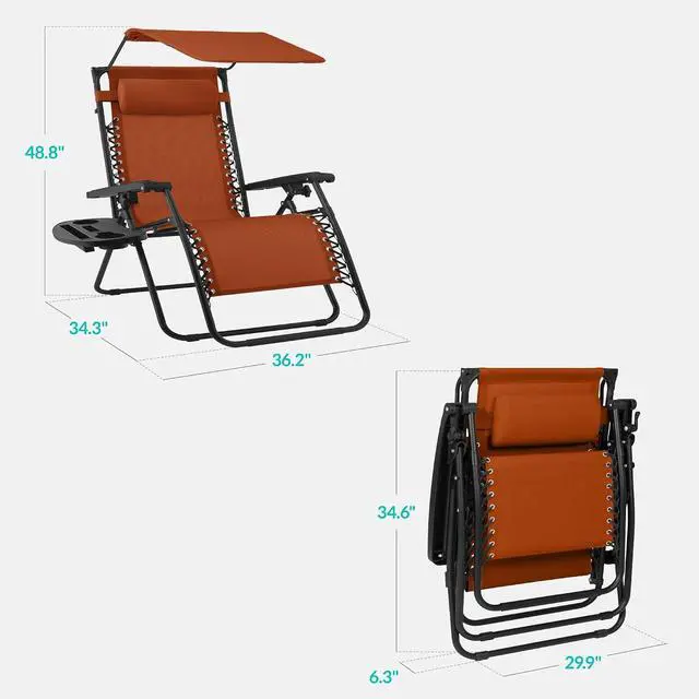 Alt view image 2 of 7 - 30 Wide Folding Zero Gravity Outdoor Recliner Patio Lounge Chair w/Adjustable Canopy Shade, Headrest, Side Accessory Tray - Burnt Orange