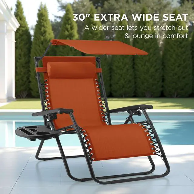 Alt view image 3 of 7 - 30 Wide Folding Zero Gravity Outdoor Recliner Patio Lounge Chair w/Adjustable Canopy Shade, Headrest, Side Accessory Tray - Burnt Orange