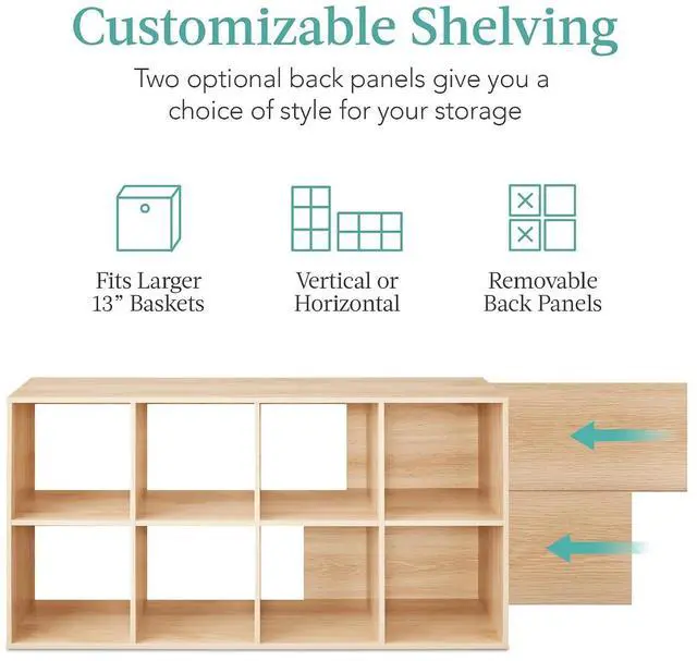 Alt view image 3 of 7 - Best Choice Products 8-Cube Storage Organizer, 13.5in Shelf Opening, Bookcase, Display Shelf, Customizable w/ 2 Removable Back Panels Light Oak