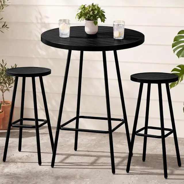 Main image of 3-Piece Patio Dining Set, Bar Height, Outdoor Bistro Set, Outdoor Round Bar Table w/ 2 Bar Stools, Steel - Black