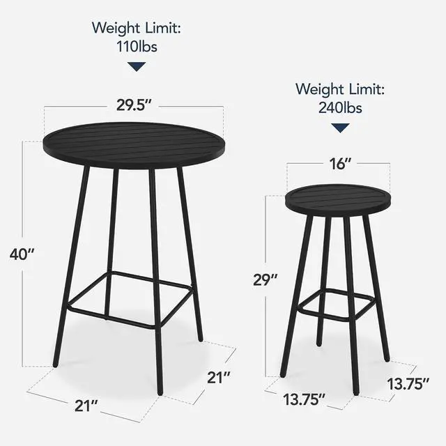 Alt view image 2 of 7 - 3-Piece Patio Dining Set, Bar Height, Outdoor Bistro Set, Outdoor Round Bar Table w/ 2 Bar Stools, Steel - Black