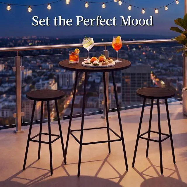 Alt view image 4 of 7 - 3-Piece Patio Dining Set, Bar Height, Outdoor Bistro Set, Outdoor Round Bar Table w/ 2 Bar Stools, Steel - Black