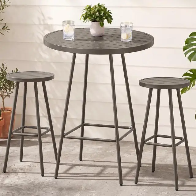Main image of 3-Piece Patio Dining Set, Bar Height, Outdoor Bistro Set, Outdoor Round Bar Table w/ 2 Bar Stools, Steel - Taupe