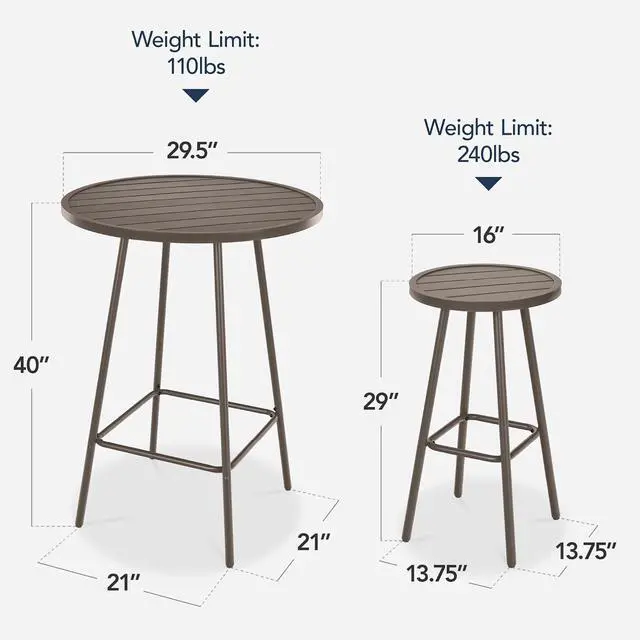 Alt view image 2 of 7 - 3-Piece Patio Dining Set, Bar Height, Outdoor Bistro Set, Outdoor Round Bar Table w/ 2 Bar Stools, Steel - Taupe