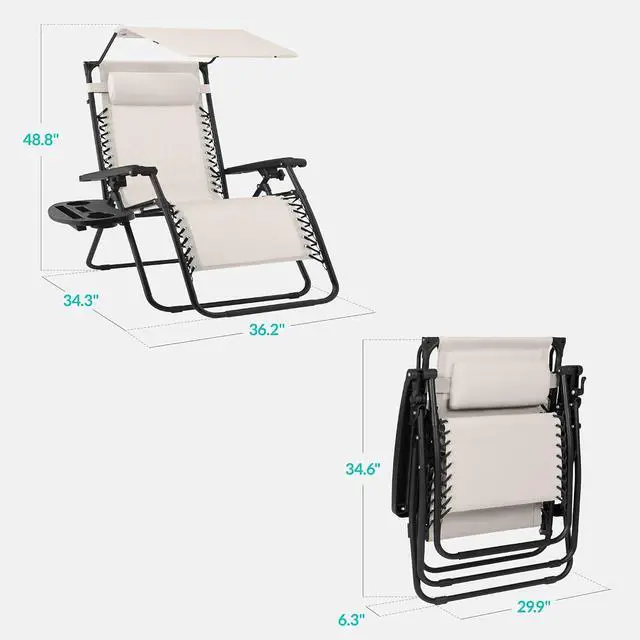 Alt view image 2 of 7 - 30 Wide Folding Zero Gravity Outdoor Recliner Patio Lounge Chair w/Adjustable Canopy Shade, Headrest, Side Accessory Tray - Ivory