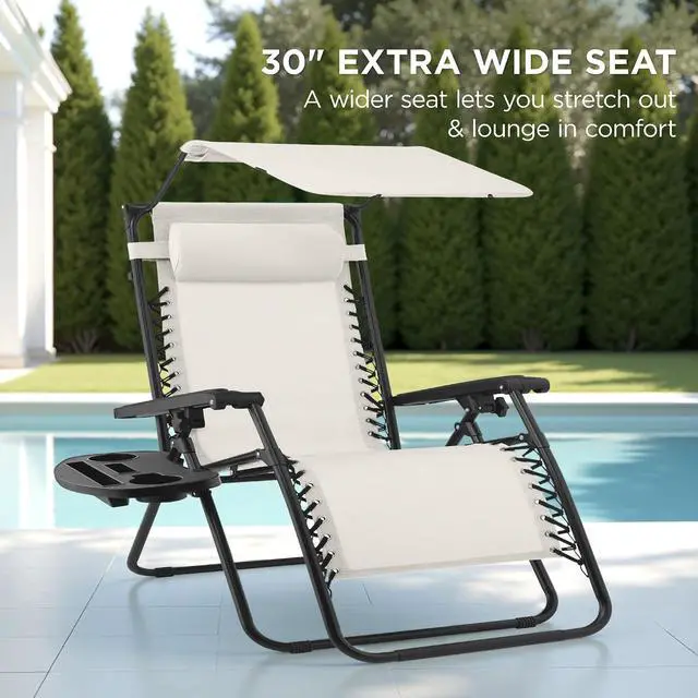 Alt view image 3 of 7 - 30 Wide Folding Zero Gravity Outdoor Recliner Patio Lounge Chair w/Adjustable Canopy Shade, Headrest, Side Accessory Tray - Ivory
