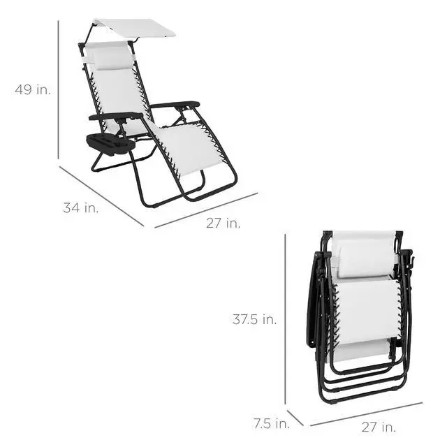 Alt view image 2 of 7 - Folding Zero Gravity Outdoor Recliner Patio Lounge Chair w/Adjustable Canopy Shade, Headrest, Side Accessory Tray, Textilene Mesh - Snow/Black