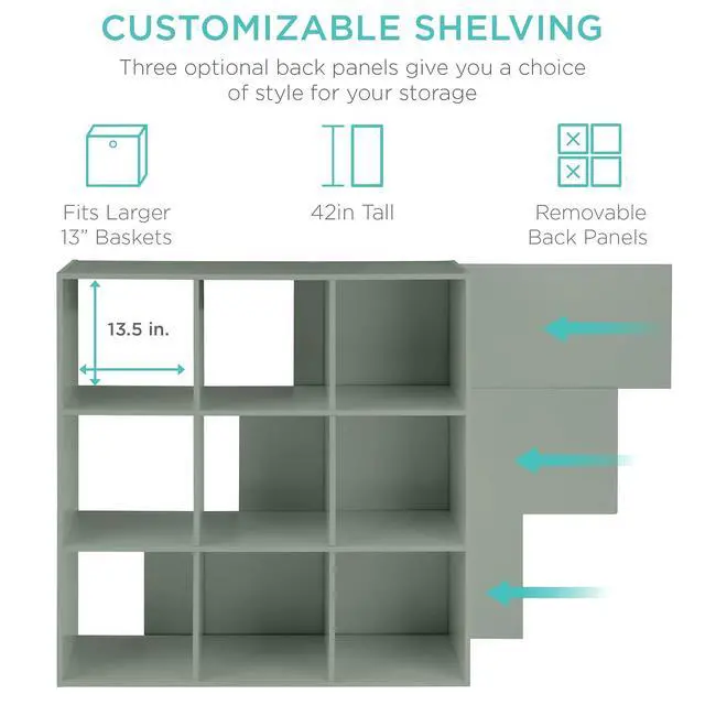 Alt view image 3 of 7 - Best Choice Products Kids Bookcase 9-Cube Storage Organizer, 13.5in Shelf Opening, Bookshelf, Toy Storage, Customizable w/ 3 Removable Back Panels Sage