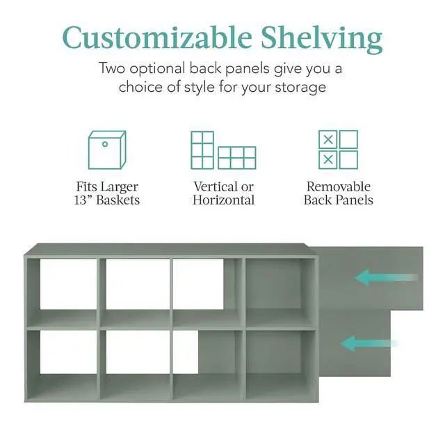 Alt view image 3 of 7 - Best Choice Products Kids Bookcase 8-Cube Storage Organizer, 13.5in Shelf Opening, Bookshelf, Toy Storage, Customizable w/ 3 Removable Back Panels Sage