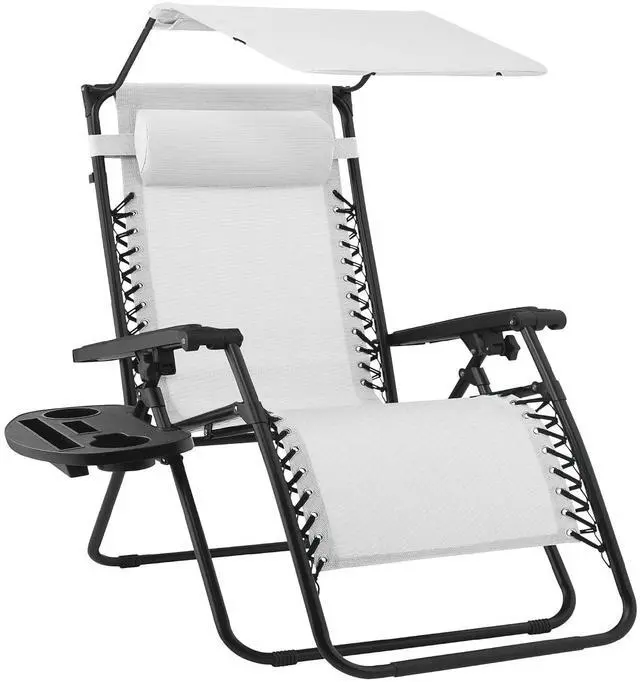 Main image of Folding Zero Gravity Outdoor Recliner Patio Lounge Chair w/Adjustable Canopy Shade, Headrest, Side Accessory Tray, Textilene Mesh - Snow/Black