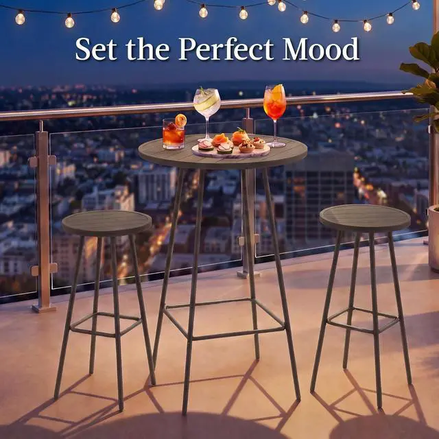 Alt view image 4 of 7 - 3-Piece Patio Dining Set, Bar Height, Outdoor Bistro Set, Outdoor Round Bar Table w/ 2 Bar Stools, Steel - Taupe