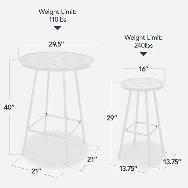 Alt view image 2 of 7 - 3-Piece Patio Dining Set, Bar Height, Outdoor Bistro Set, Outdoor Round Bar Table w/ 2 Bar Stools, Steel - White