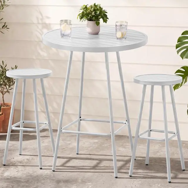 Main image of 3-Piece Patio Dining Set, Bar Height, Outdoor Bistro Set, Outdoor Round Bar Table w/ 2 Bar Stools, Steel - White