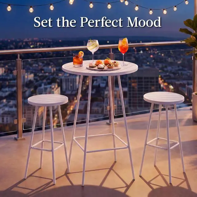 Alt view image 4 of 7 - 3-Piece Patio Dining Set, Bar Height, Outdoor Bistro Set, Outdoor Round Bar Table w/ 2 Bar Stools, Steel - White