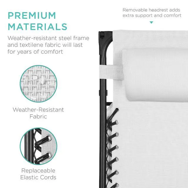 Alt view image 5 of 7 - Folding Zero Gravity Outdoor Recliner Patio Lounge Chair w/Adjustable Canopy Shade, Headrest, Side Accessory Tray, Textilene Mesh - Snow/Black
