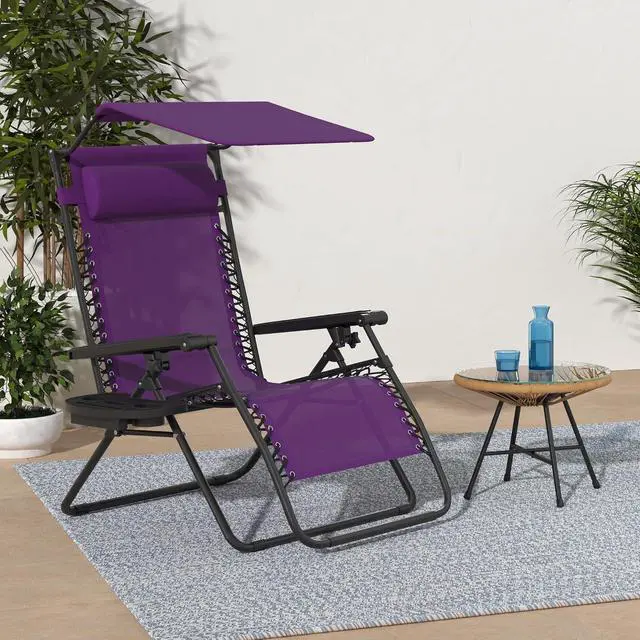Alt view image 2 of 7 - Folding Zero Gravity Outdoor Recliner Patio Lounge Chair w/Adjustable Canopy Shade, Headrest, Side Accessory Tray, Textilene Mesh - Amethyst Purple