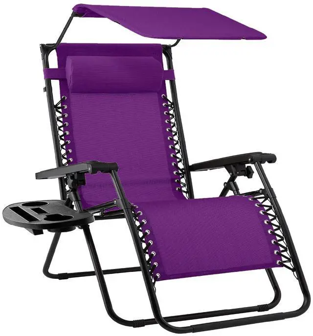 Main image of Folding Zero Gravity Outdoor Recliner Patio Lounge Chair w/Adjustable Canopy Shade, Headrest, Side Accessory Tray, Textilene Mesh - Amethyst Purple