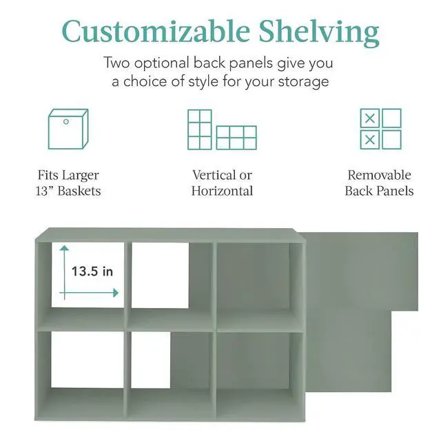 Alt view image 3 of 7 - Best Choice Products Kids Bookcase 6-Cube Storage Organizer, 13.5in Shelf Opening, Bookshelf, Toy Storage, Customizable w/ 3 Removable Back Panels Sage