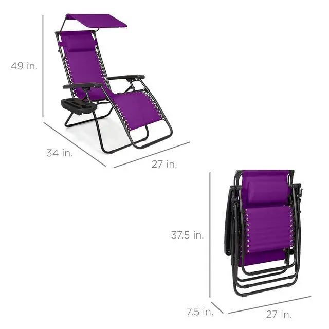 Alt view image 3 of 7 - Folding Zero Gravity Outdoor Recliner Patio Lounge Chair w/Adjustable Canopy Shade, Headrest, Side Accessory Tray, Textilene Mesh - Amethyst Purple