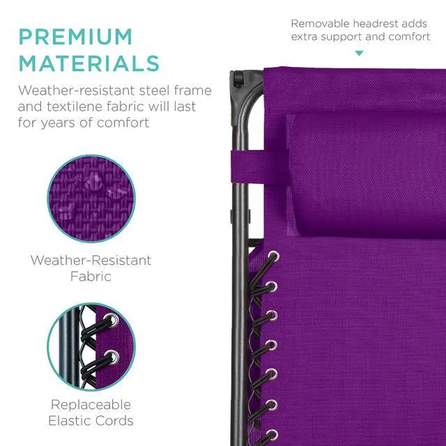 Alt view image 6 of 7 - Folding Zero Gravity Outdoor Recliner Patio Lounge Chair w/Adjustable Canopy Shade, Headrest, Side Accessory Tray, Textilene Mesh - Amethyst Purple