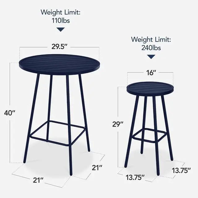 Alt view image 2 of 7 - 3-Piece Patio Dining Set, Bar Height, Outdoor Bistro Set, Outdoor Round Bar Table w/ 2 Bar Stools, Steel - Navy