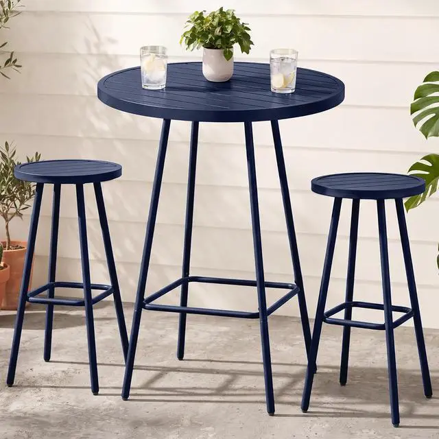 Main image of 3-Piece Patio Dining Set, Bar Height, Outdoor Bistro Set, Outdoor Round Bar Table w/ 2 Bar Stools, Steel - Navy
