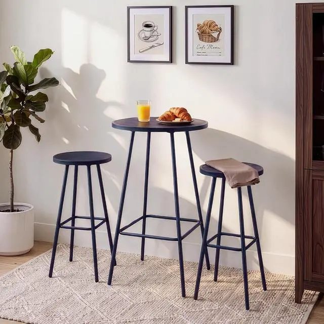 Alt view image 3 of 7 - 3-Piece Patio Dining Set, Bar Height, Outdoor Bistro Set, Outdoor Round Bar Table w/ 2 Bar Stools, Steel - Navy