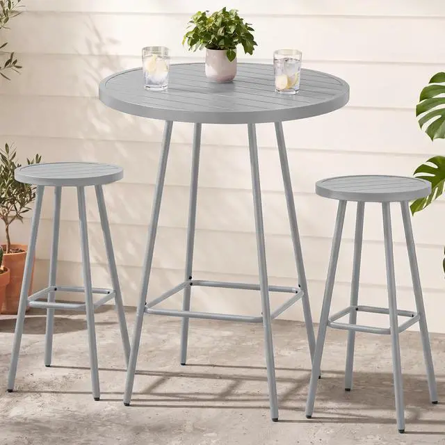 Main image of 3-Piece Patio Dining Set, Bar Height, Outdoor Bistro Set, Outdoor Round Bar Table w/ 2 Bar Stools, Steel - Gray
