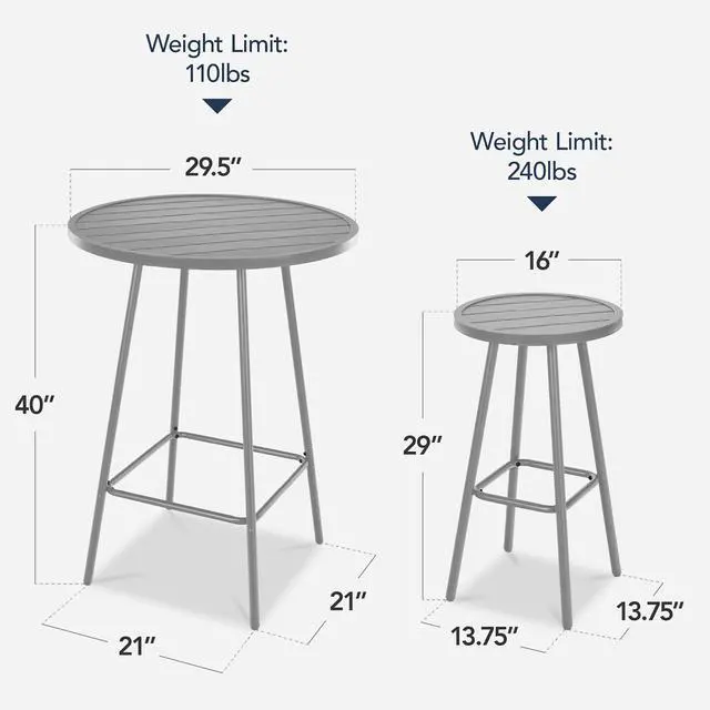 Alt view image 2 of 7 - 3-Piece Patio Dining Set, Bar Height, Outdoor Bistro Set, Outdoor Round Bar Table w/ 2 Bar Stools, Steel - Gray