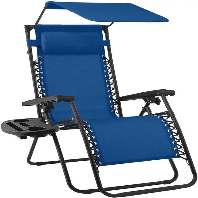 Main image of 30 Wide Folding Zero Gravity Outdoor Recliner Patio Lounge Chair w/Adjustable Canopy Shade, Headrest, Side Accessory Tray - Marine