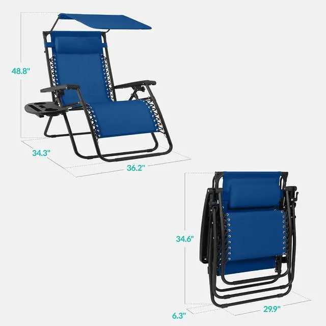 Alt view image 2 of 7 - 30 Wide Folding Zero Gravity Outdoor Recliner Patio Lounge Chair w/Adjustable Canopy Shade, Headrest, Side Accessory Tray - Marine
