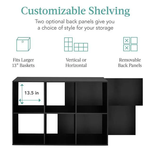 Alt view image 3 of 7 - Best Choice Products 6-Cube Storage Organizer, 13.5in Shelf Opening, Bookcase, Display Shelf, Customizable w/ 3 Removable Back Panels Black