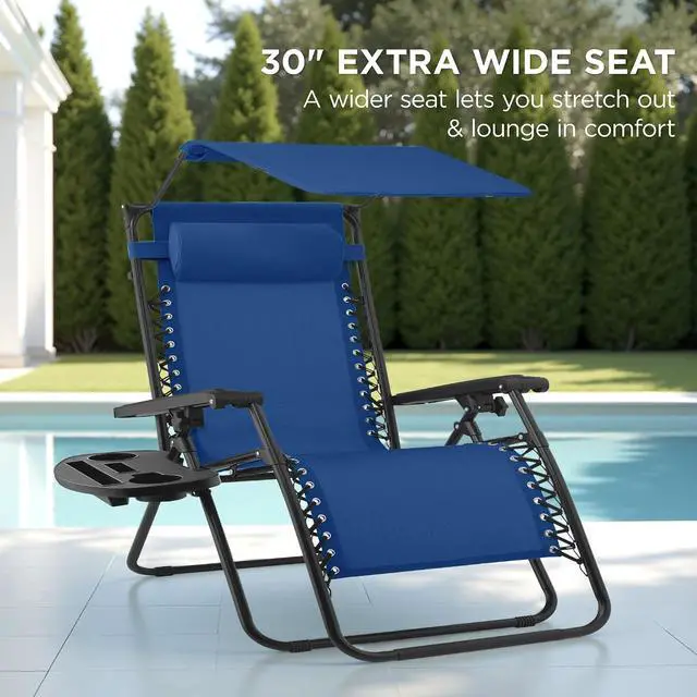 Alt view image 3 of 7 - 30 Wide Folding Zero Gravity Outdoor Recliner Patio Lounge Chair w/Adjustable Canopy Shade, Headrest, Side Accessory Tray - Marine
