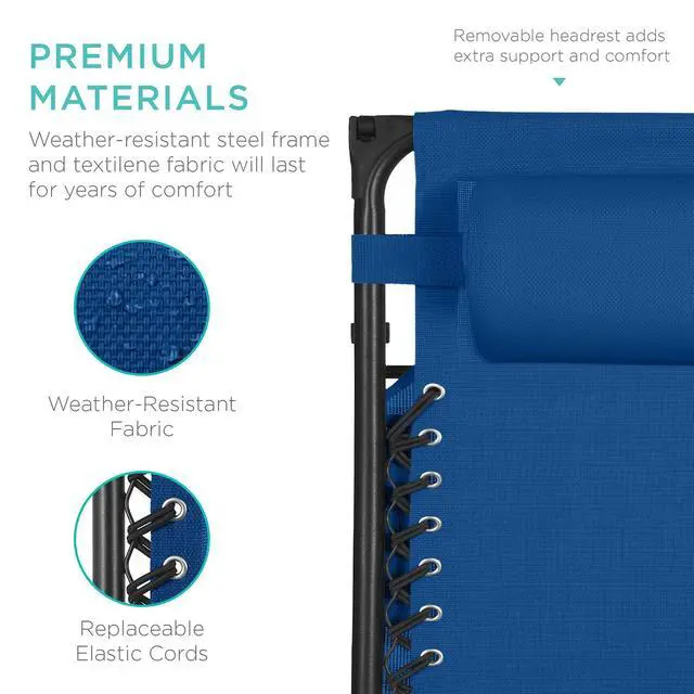 Alt view image 7 of 7 - 30 Wide Folding Zero Gravity Outdoor Recliner Patio Lounge Chair w/Adjustable Canopy Shade, Headrest, Side Accessory Tray - Marine