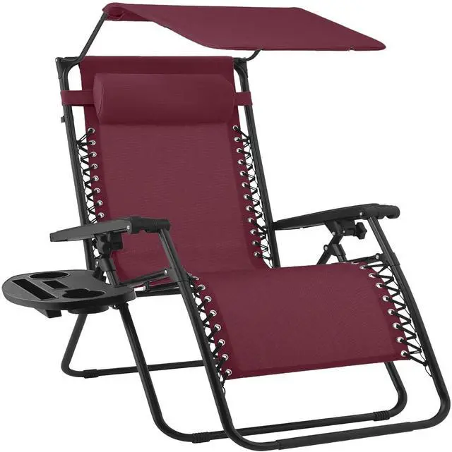 Main image of 30 Wide Folding Zero Gravity Outdoor Recliner Patio Lounge Chair w/Adjustable Canopy Shade, Headrest, Side Accessory Tray - Burgundy