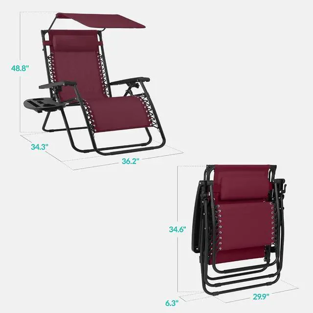 Alt view image 2 of 7 - 30 Wide Folding Zero Gravity Outdoor Recliner Patio Lounge Chair w/Adjustable Canopy Shade, Headrest, Side Accessory Tray - Burgundy