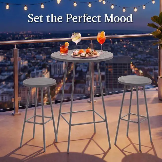 Alt view image 4 of 7 - 3-Piece Patio Dining Set, Bar Height, Outdoor Bistro Set, Outdoor Round Bar Table w/ 2 Bar Stools, Steel - Gray