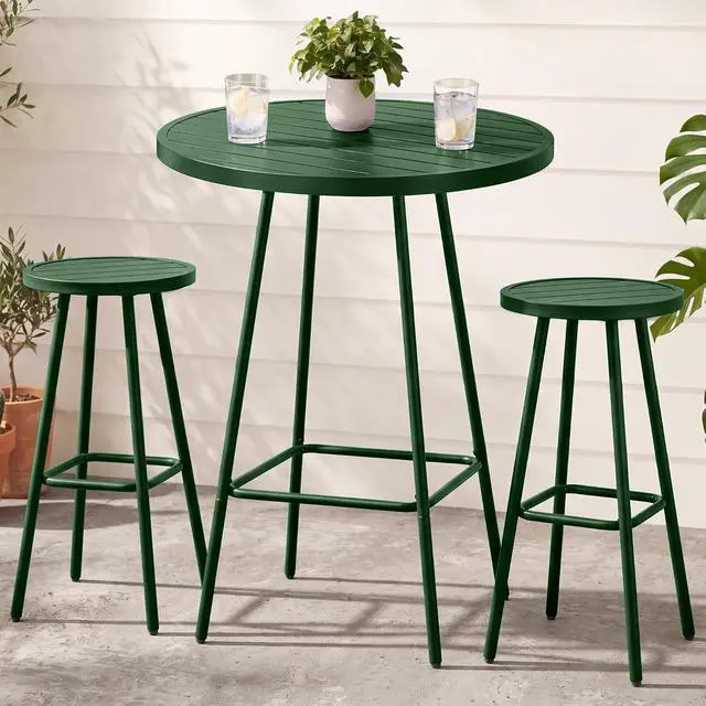 Main image of 3-Piece Patio Dining Set, Bar Height, Outdoor Bistro Set, Outdoor Round Bar Table w/ 2 Bar Stools, Steel - Dark Green