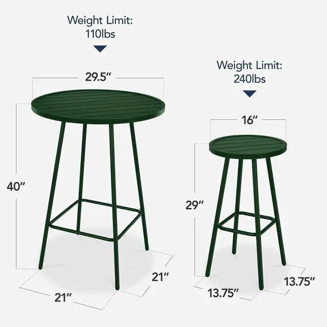 Alt view image 2 of 7 - 3-Piece Patio Dining Set, Bar Height, Outdoor Bistro Set, Outdoor Round Bar Table w/ 2 Bar Stools, Steel - Dark Green