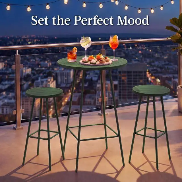 Alt view image 4 of 7 - 3-Piece Patio Dining Set, Bar Height, Outdoor Bistro Set, Outdoor Round Bar Table w/ 2 Bar Stools, Steel - Dark Green